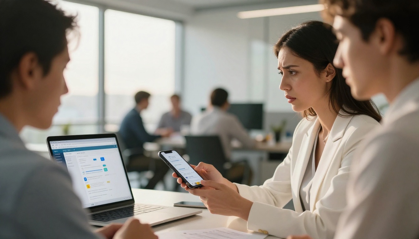 Two professionals in a meeting exchanging a phone with a cluttered file sharing interface, both looking confused Two professionals in a meeting exchanging a phone with a cluttered file sharing interface, both looking confused