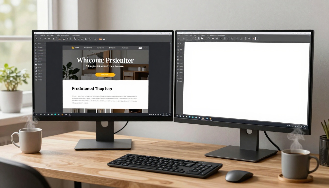 A freelance designer at a dual-monitor desk showing the contrast between a beautifully branded digital document and a plain Drive PDF preview A freelance designer at a dual-monitor desk showing the contrast between a beautifully branded digital document and a plain Drive PDF preview