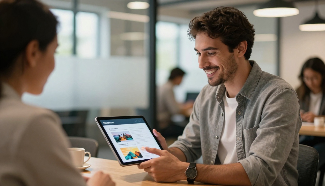 A confident sales professional showing a client a sleek branded digital document on a tablet in a modern coworking space A confident sales professional showing a client a sleek branded digital document on a tablet in a modern coworking space