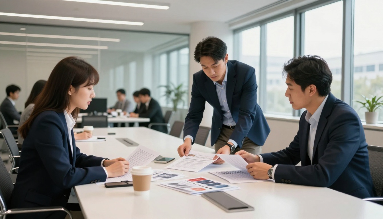 Professional business meeting with documents spread across a modern conference table Professional business meeting with documents spread across a modern conference table