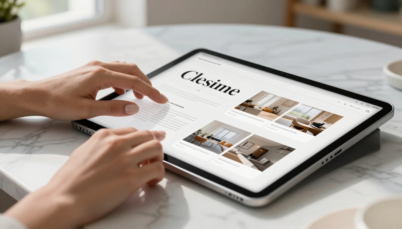 Close-up of hands scrolling through a professionally formatted digital brochure on an iPad Close-up of hands scrolling through a professionally formatted digital brochure on an iPad