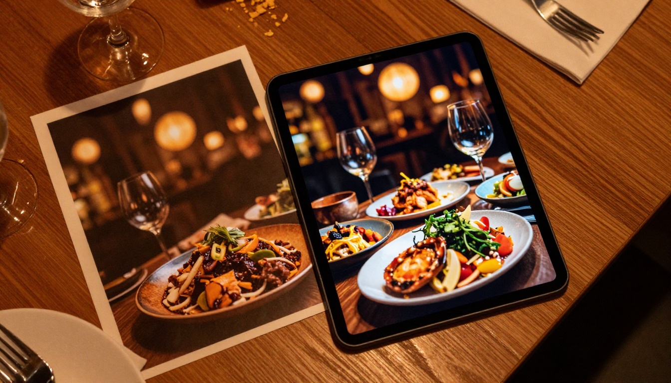 Overhead shot of a restaurant table with a printed menu beside a tablet showing a vibrant digital menu with rich food photography Overhead shot of a restaurant table with a printed menu beside a tablet showing a vibrant digital menu with rich food photography