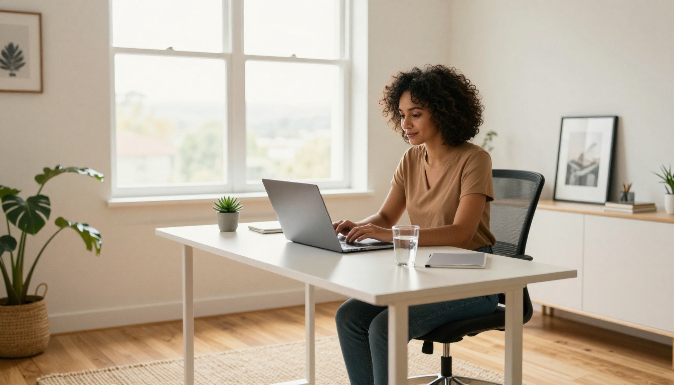 Female freelance graphic designer working with focus and satisfaction at her minimalist home studio Female freelance graphic designer working with focus and satisfaction at her minimalist home studio
