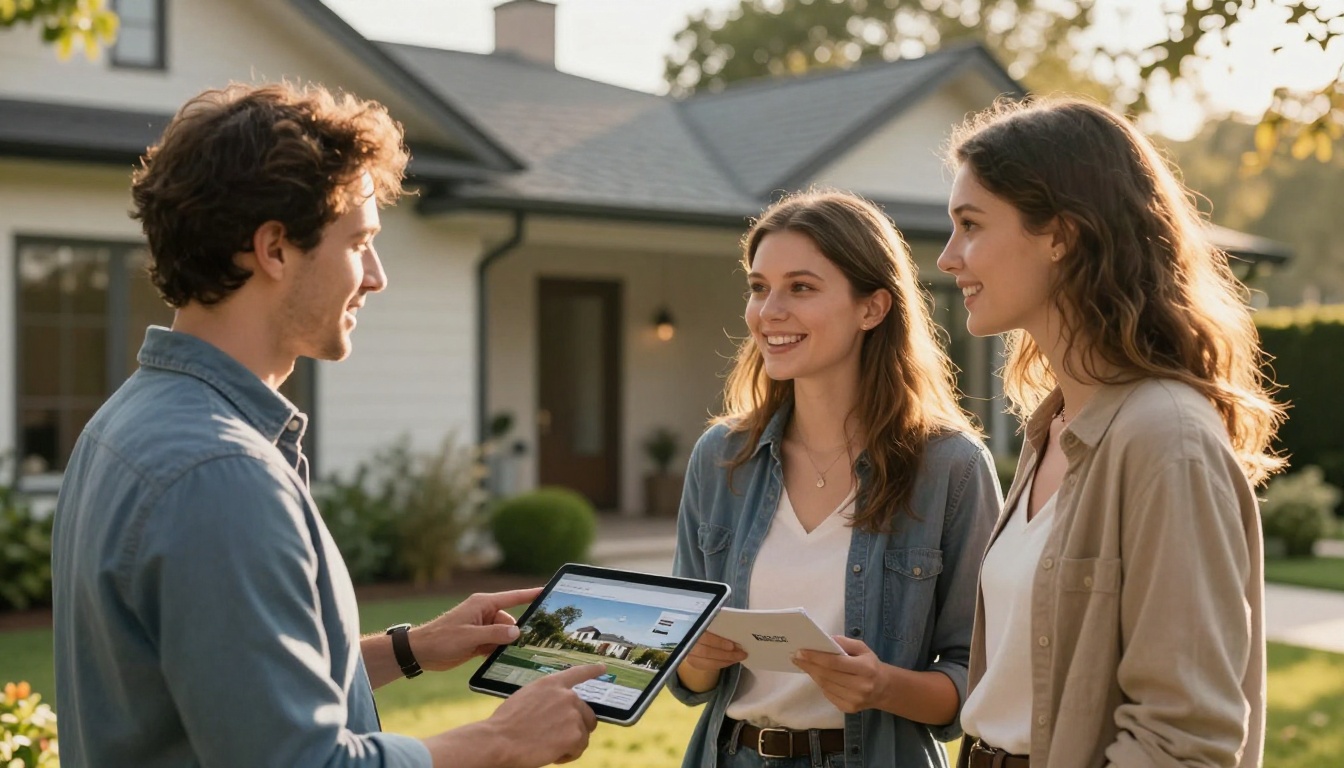 Real estate agent showing a branded interactive property presentation on an iPad to a young couple in front of a modern home