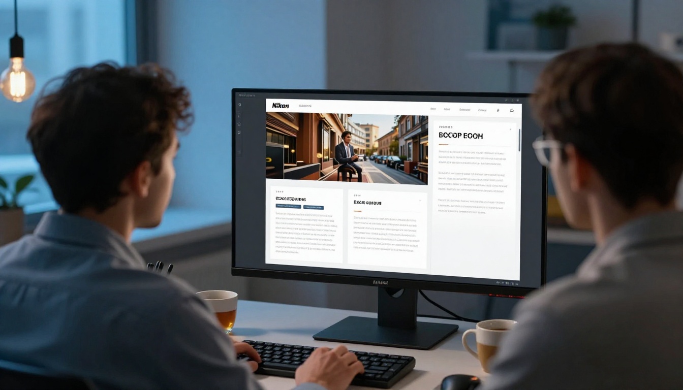 Creative director reviewing a branded digital portfolio on a large widescreen monitor in a modern office Creative director reviewing a branded digital portfolio on a large widescreen monitor in a modern office