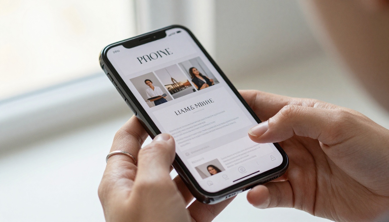 Hands holding a smartphone displaying a beautifully formatted digital portfolio with elegant typography and professional photography