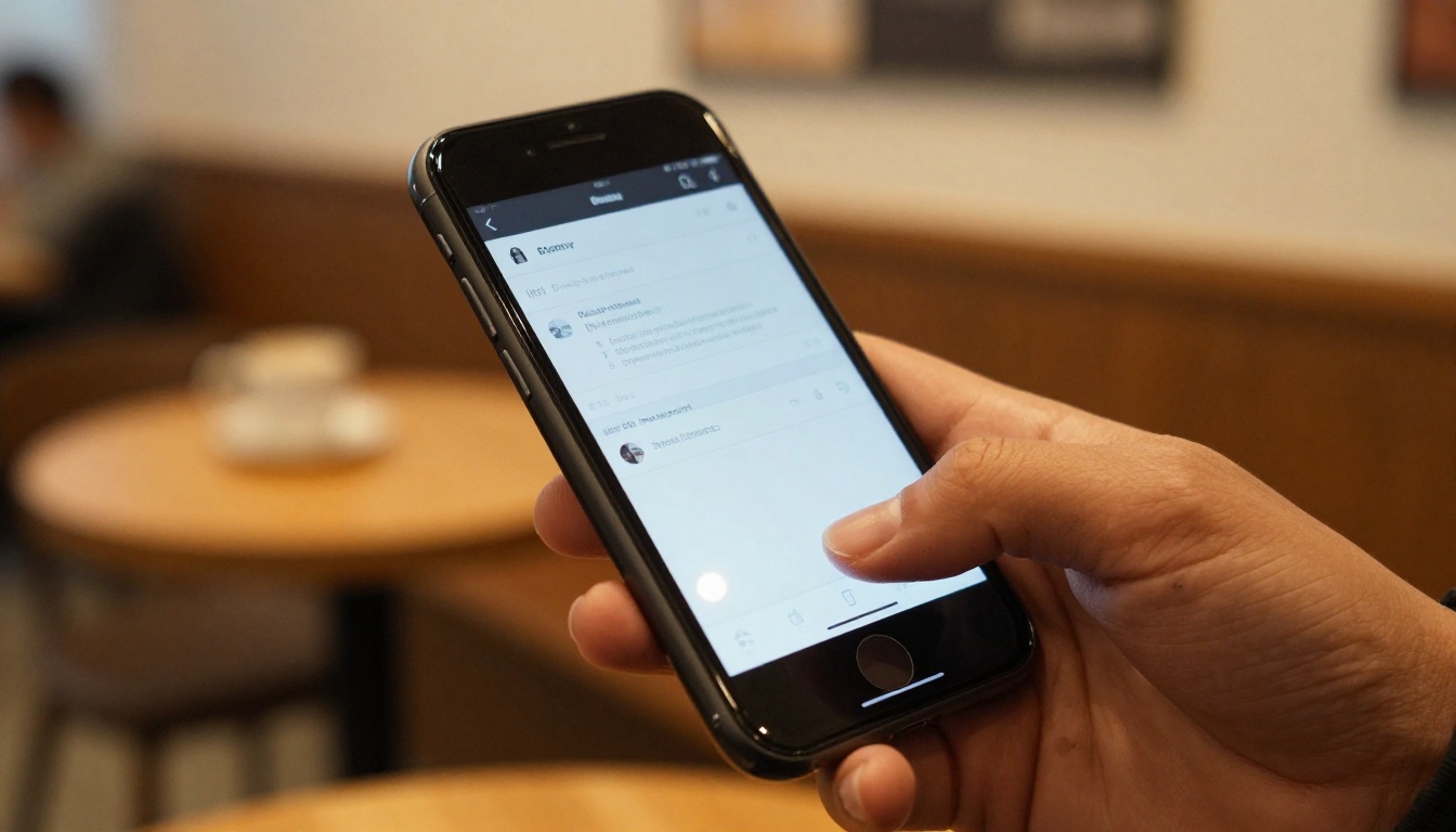 Smartphone held in a hand displaying a clean professional document sharing link in a warm coffee shop Smartphone held in a hand displaying a clean professional document sharing link in a warm coffee shop