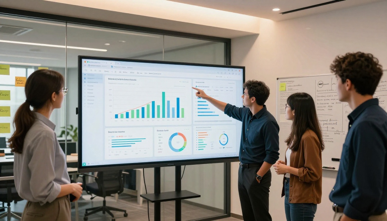 Marketing team gathered around a monitor showing analytics data from a professional shared document, pointing at the screen in discussion
