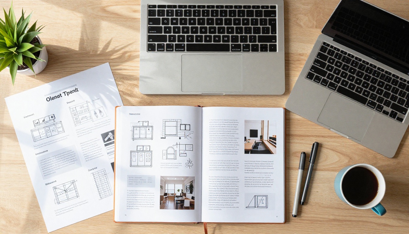 Aerial overhead view of a creative professional's workspace with laptop, client proposal pages, and design materials