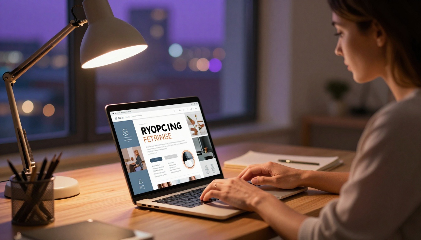 A woman entrepreneur at a minimalist desk customizing a digital flipbook on her laptop late in the evening with warm amber desk lamp light