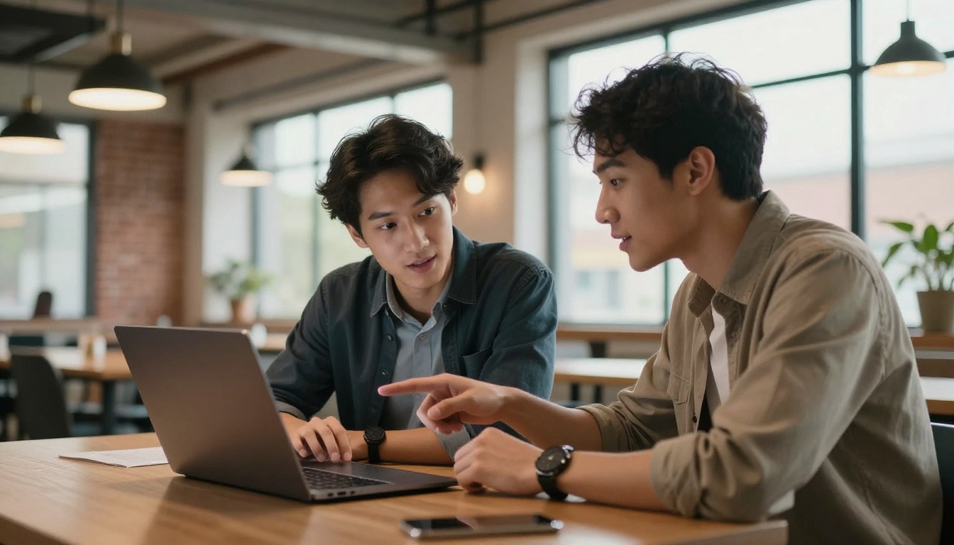 Two young professionals reviewing a digital catalog together on a laptop in a bright co-working space