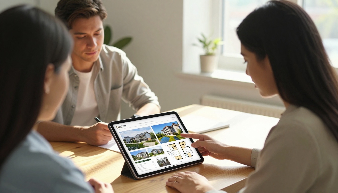 Real estate agent showing a digital property brochure on an iPad to a young couple in a sunlit office