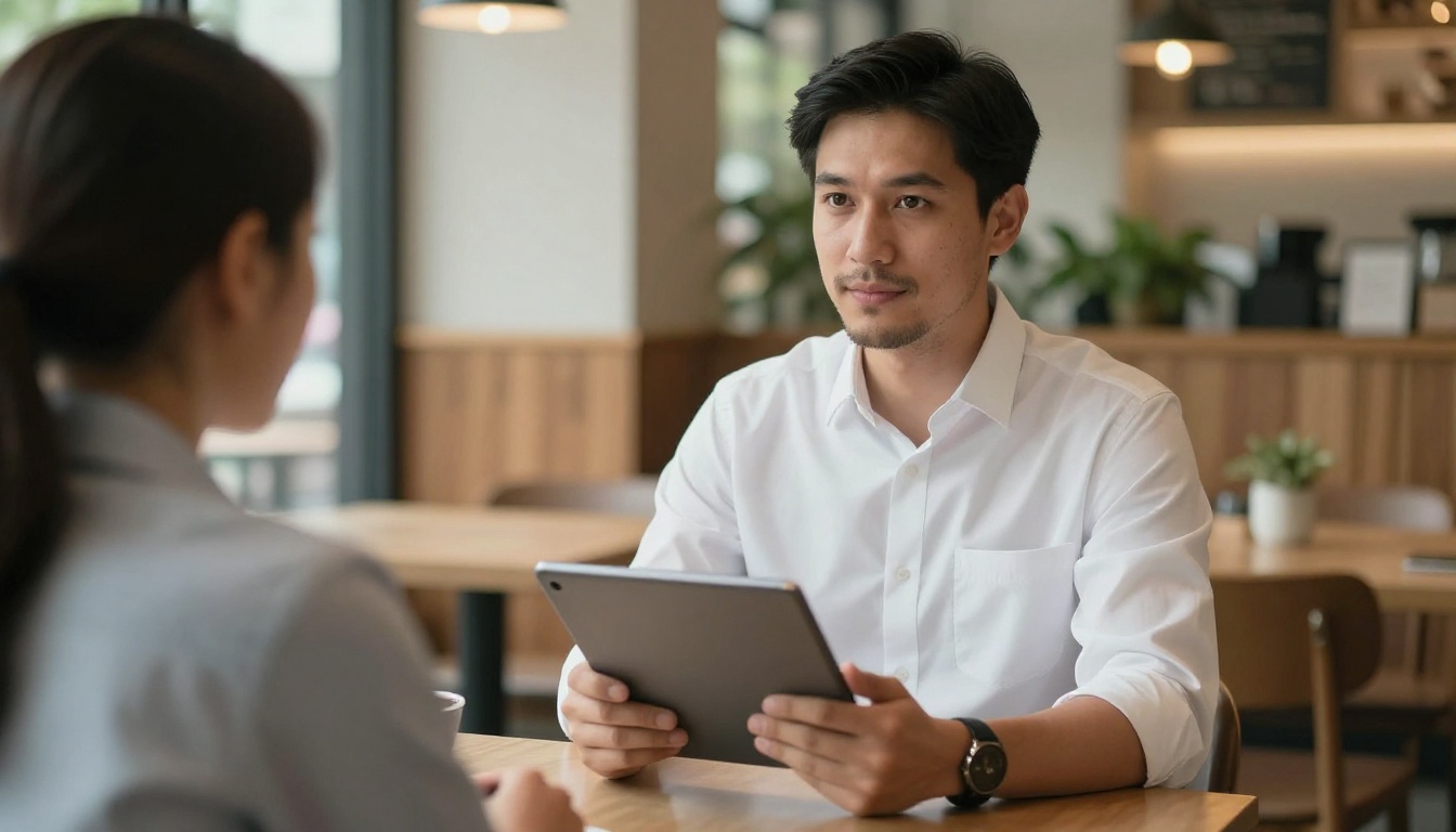 Confident male sales professional presenting a branded digital document on a tablet to a client at a warm cafe meeting