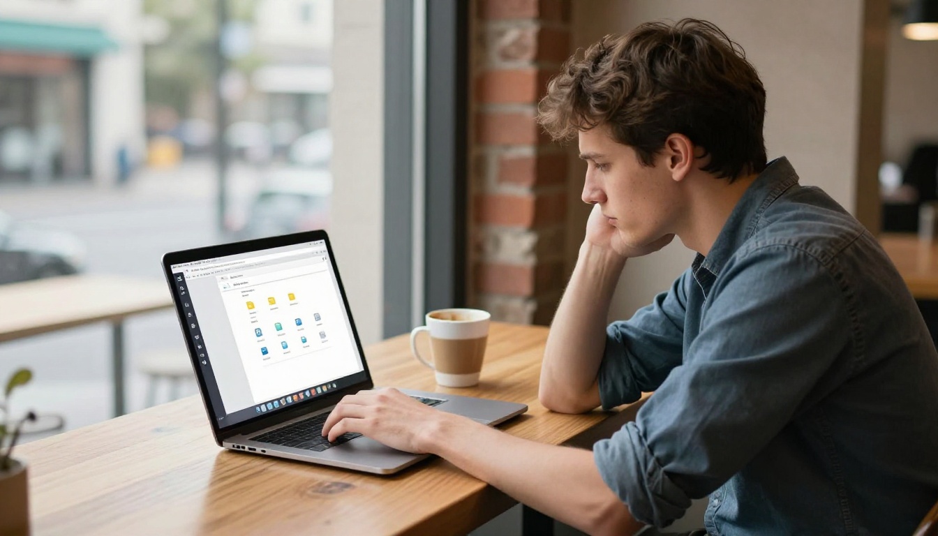 A professional frustrated reviewing a plain file link on his laptop at a cafe