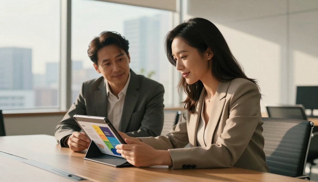 Businesswoman presenting a flipbook on a tablet to a client in a modern boardroom