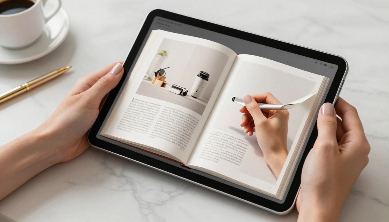 Close-up of hands interacting with an iPad displaying a vivid digital flipbook