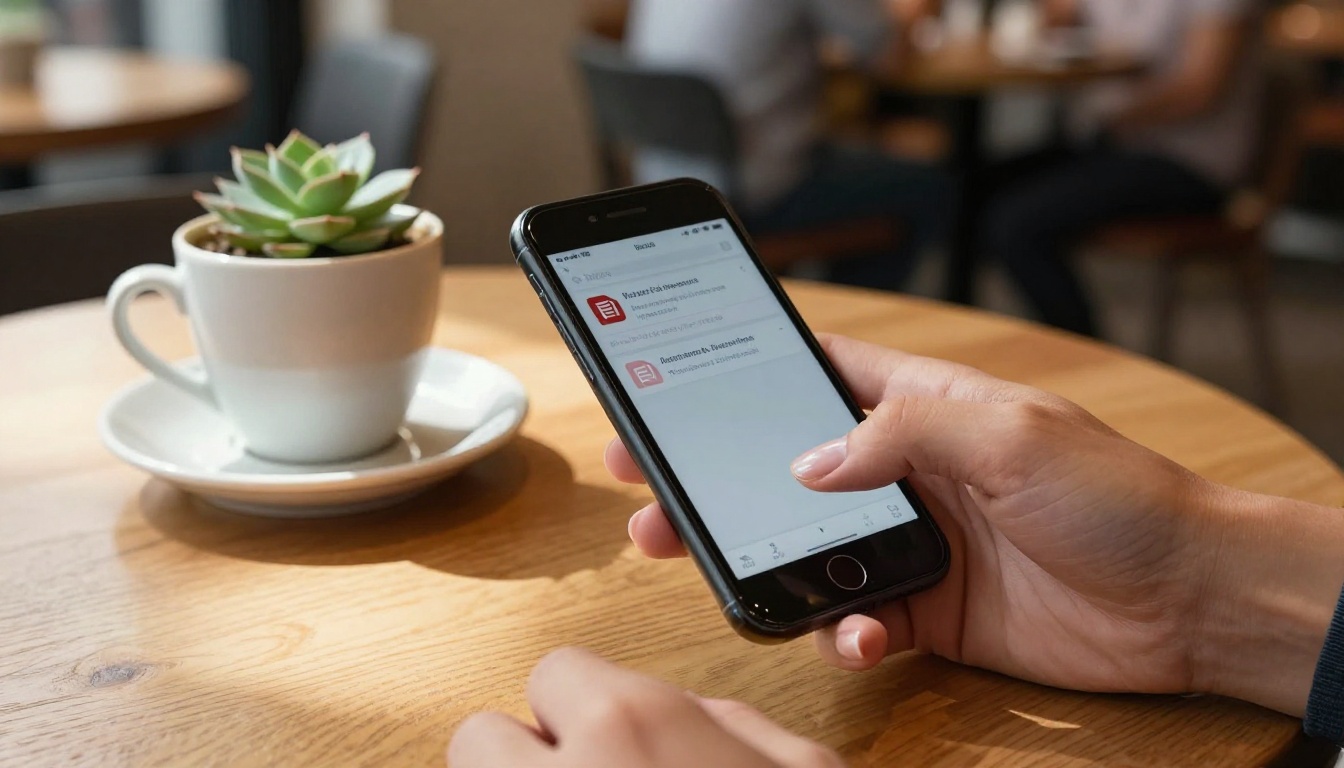 Person holding smartphone showing email notification with PDF attachment at a wooden cafe table