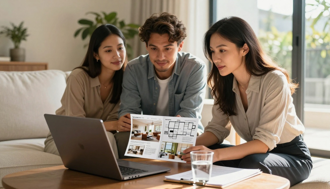 Real estate agent showing a digital brochure flipbook to a couple in a bright modern home