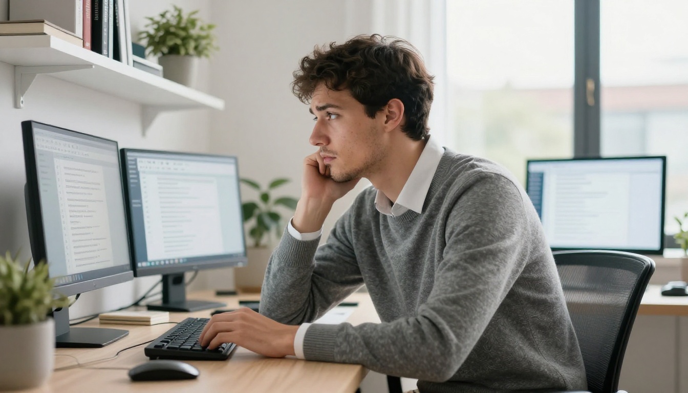 Frustrated professional man sitting at modern desk staring at two monitors showing overflowing email inbox