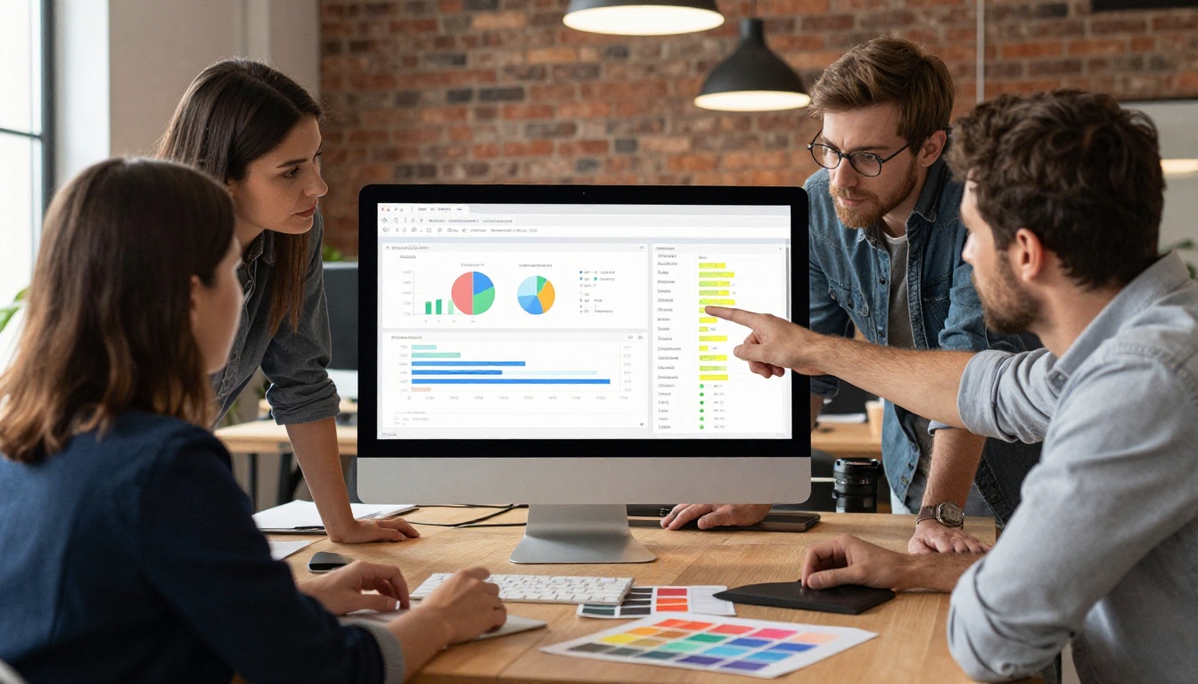 Marketing team reviewing a document analytics dashboard on a large screen in a creative office