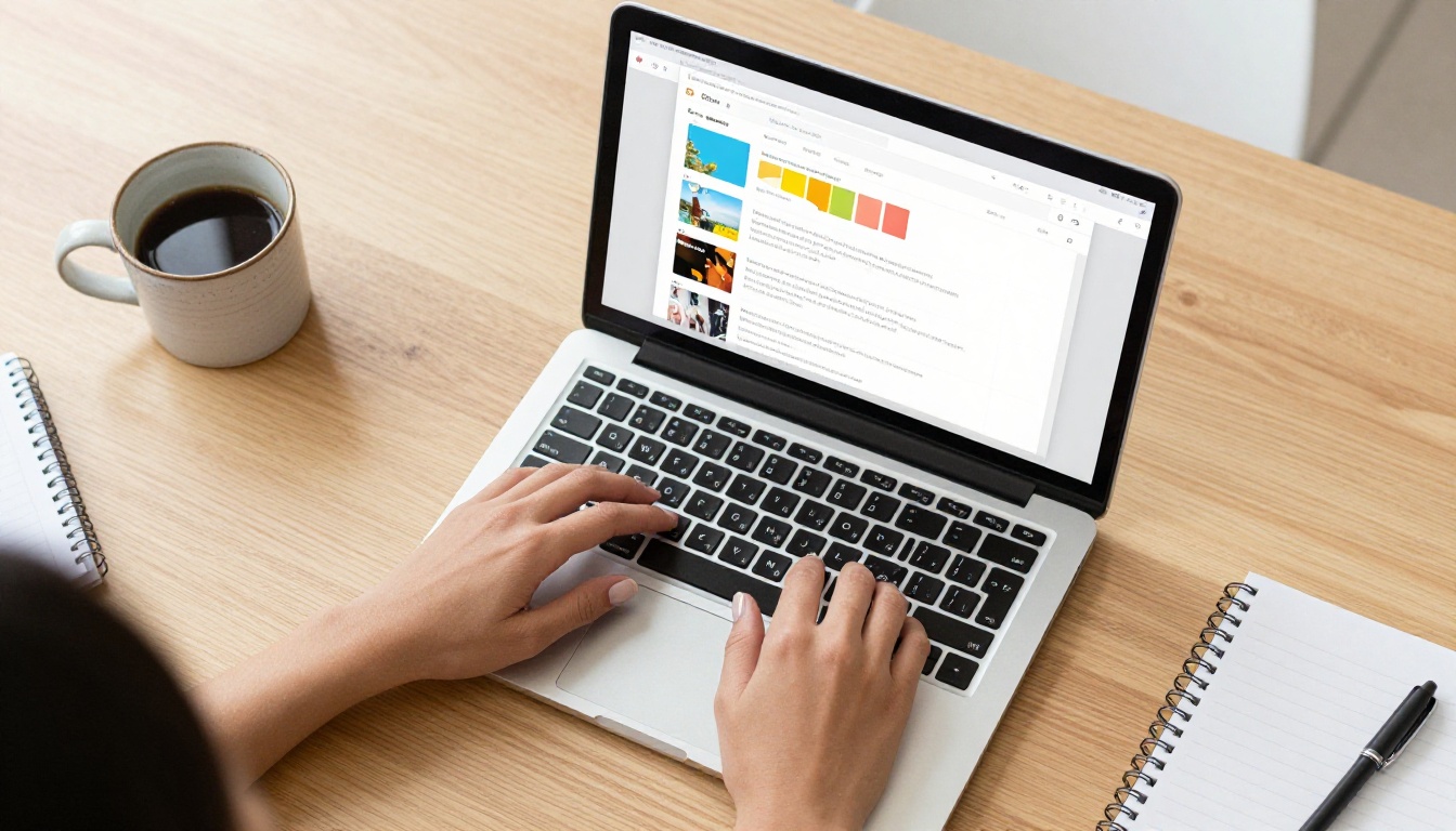 Aerial top-down view of professional hands over laptop keyboard with interactive document viewer on screen