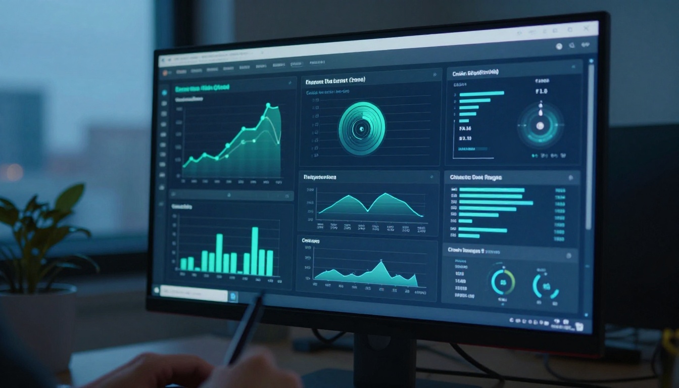Analytics dashboard showing email open rate and click-through statistics glowing on a monitor screen
