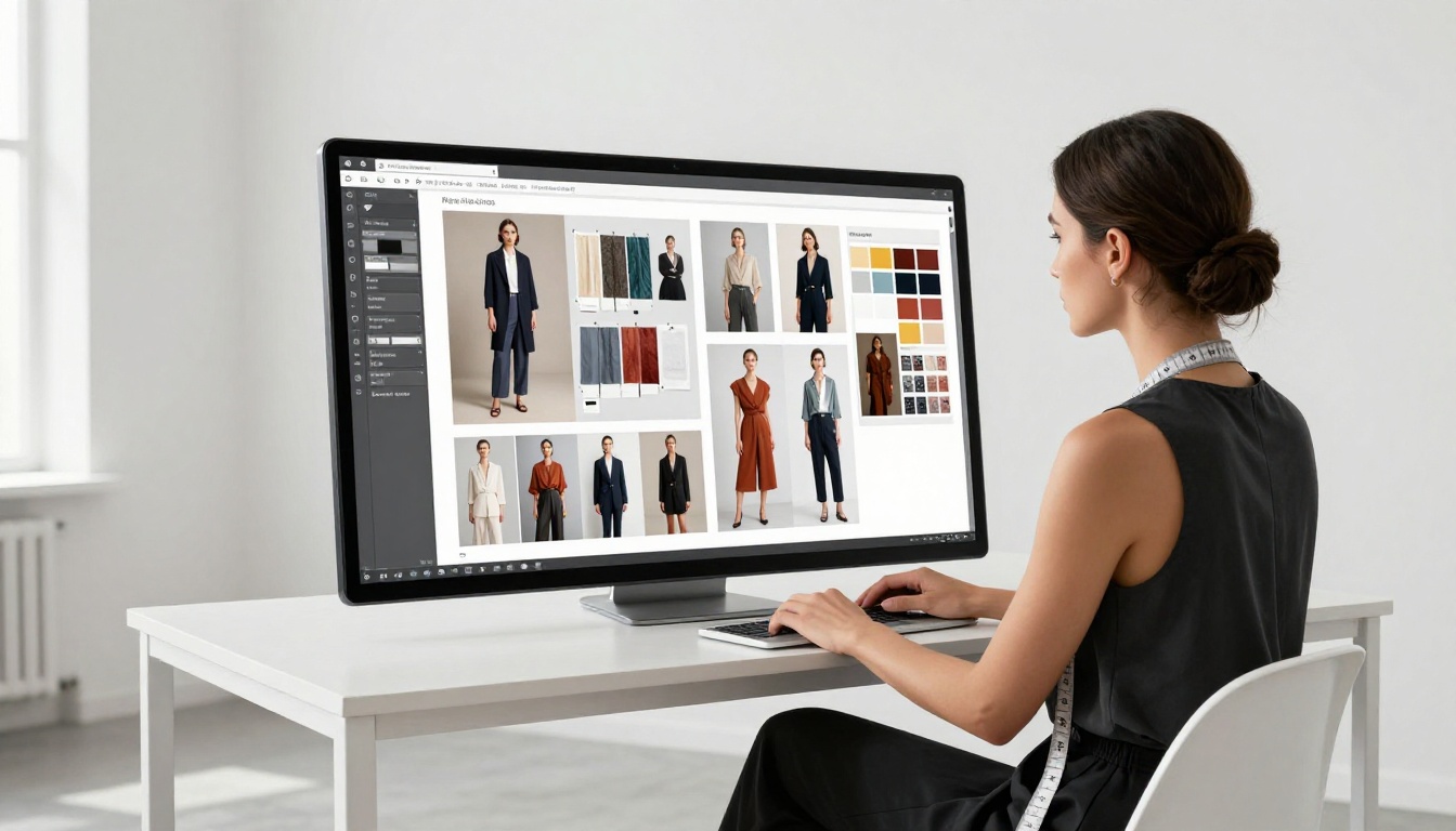 Fashion designer reviewing a digital lookbook on a large laptop screen in a minimalist white studio Fashion designer reviewing a digital lookbook on a large laptop screen in a minimalist white studio