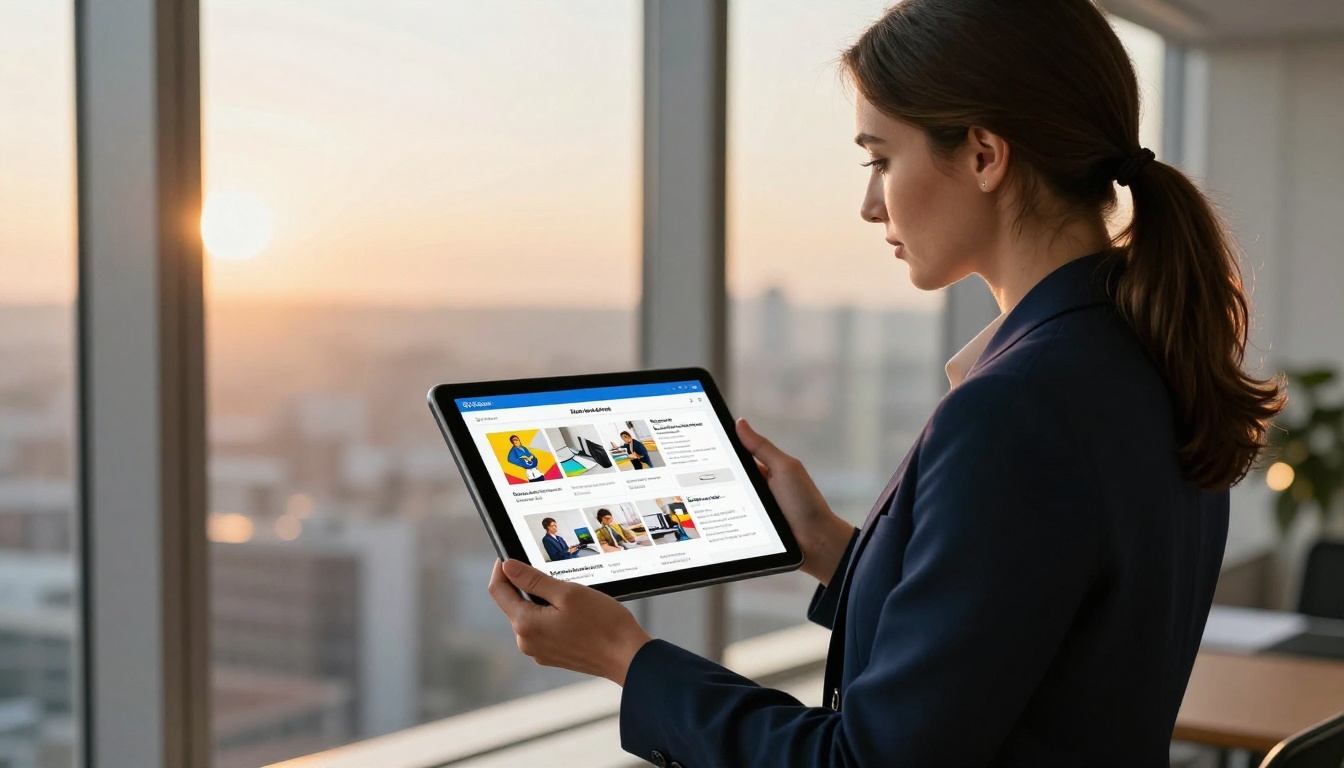 Professional woman in navy blazer holding tablet displaying colorful digital flipbook product catalog