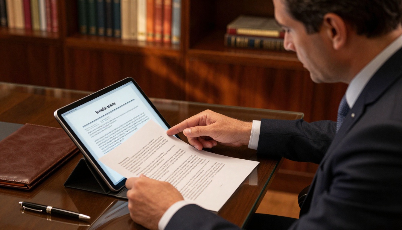 Business executive comparing a printed document and a flipbook on a tablet at a glass desk in an upscale office Business executive comparing a printed document and a flipbook on a tablet at a glass desk in an upscale office