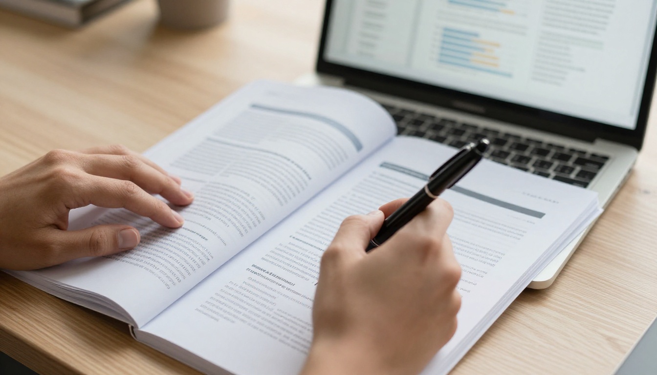Close-up of hands flipping through a professional sales proposal document with bar charts on a light oak desk