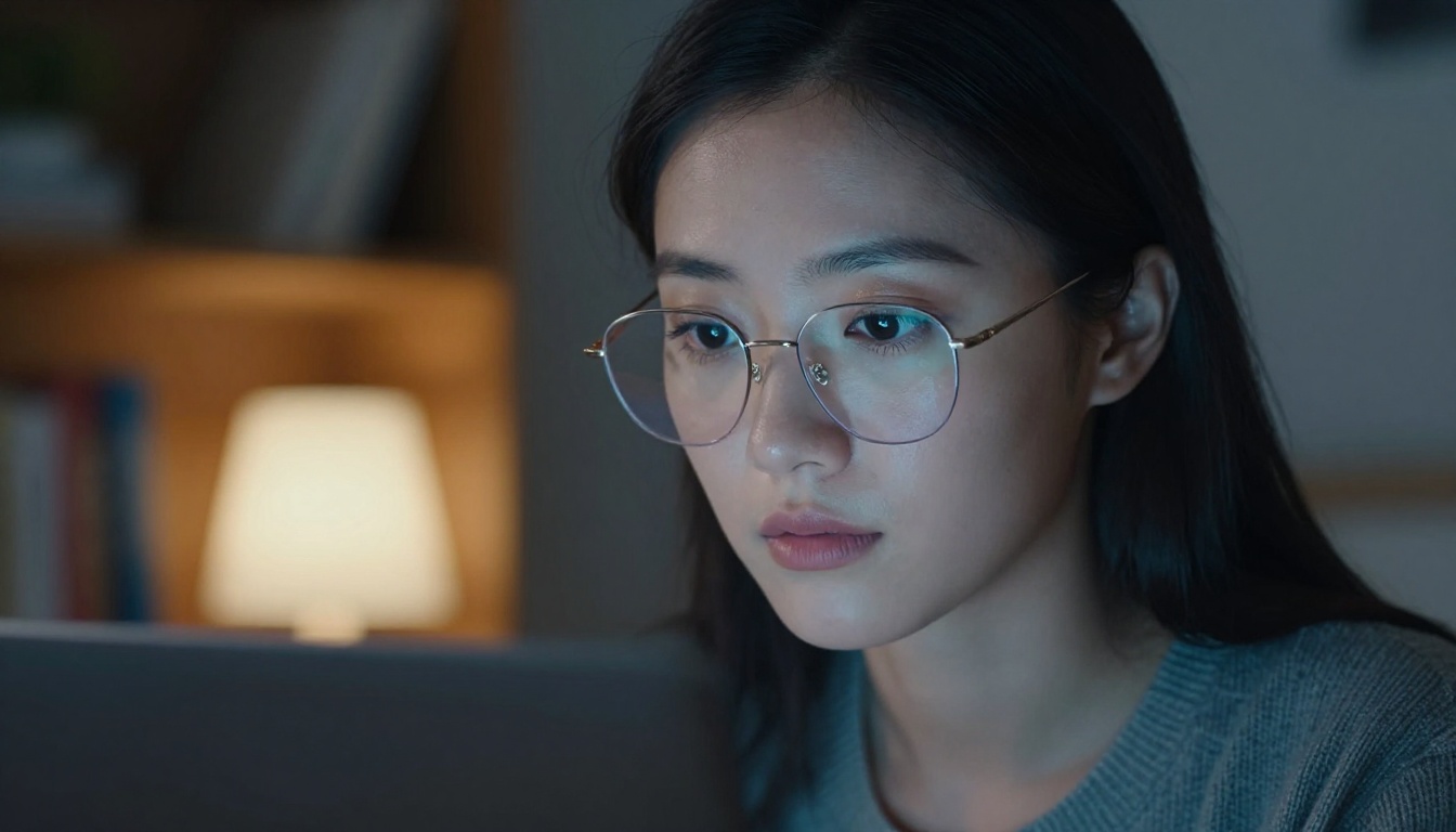 Young woman reading intently on a laptop, illuminated by soft screen glow in an evening home office Young woman reading intently on a laptop, illuminated by soft screen glow in an evening home office