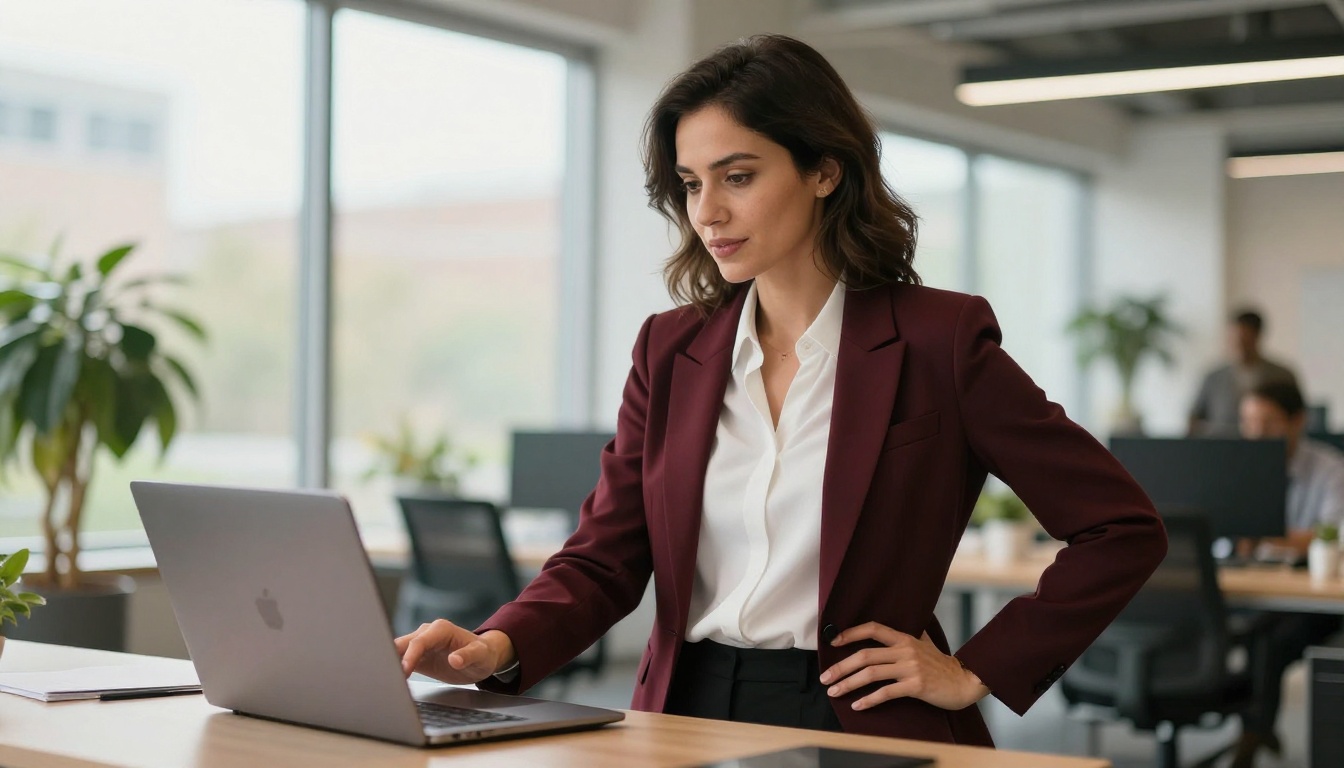 Confident marketing professional woman in burgundy blazer standing at standing desk gesturing toward email campaign dashboard