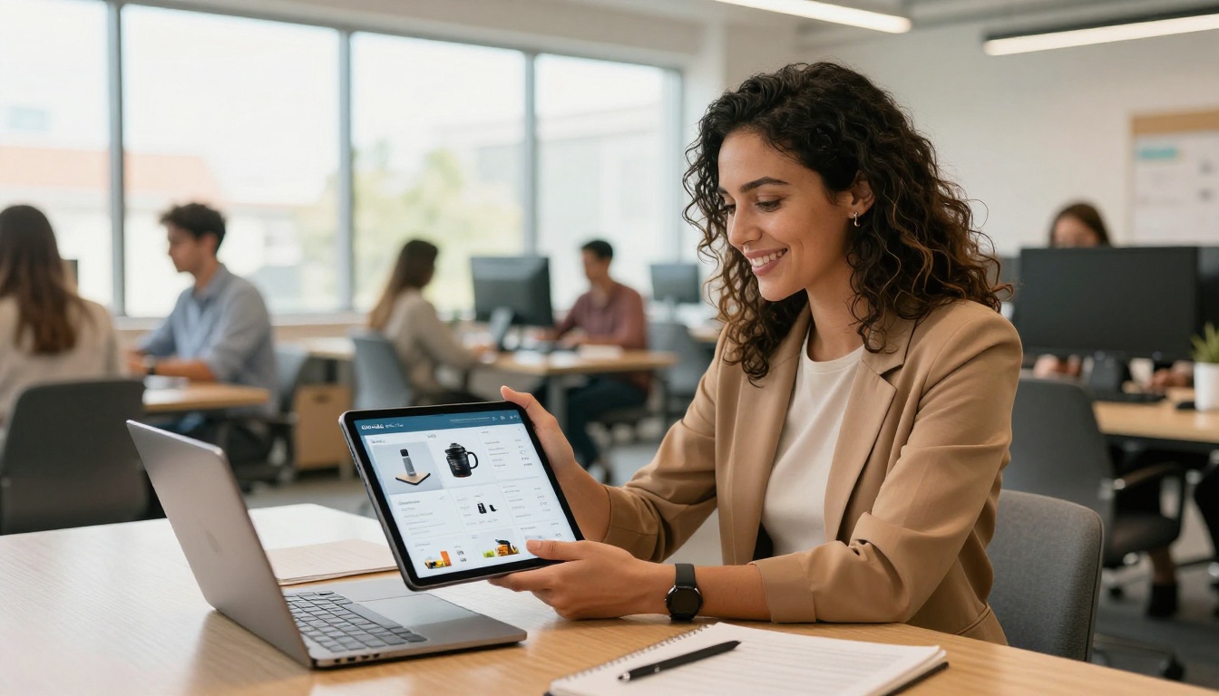 Creative account manager presenting a digital catalog flipbook on a tablet in a bright coworking space Creative account manager presenting a digital catalog flipbook on a tablet in a bright coworking space