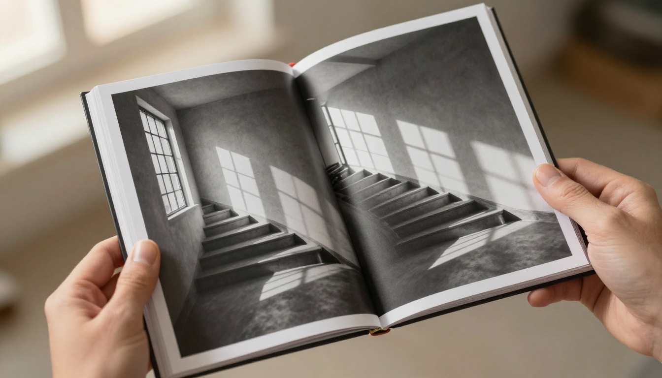Hands holding an open printed photography portfolio book with dramatic black-and-white architectural spreads, natural window light from upper left, shallow depth of field, Kodak Portra film grain