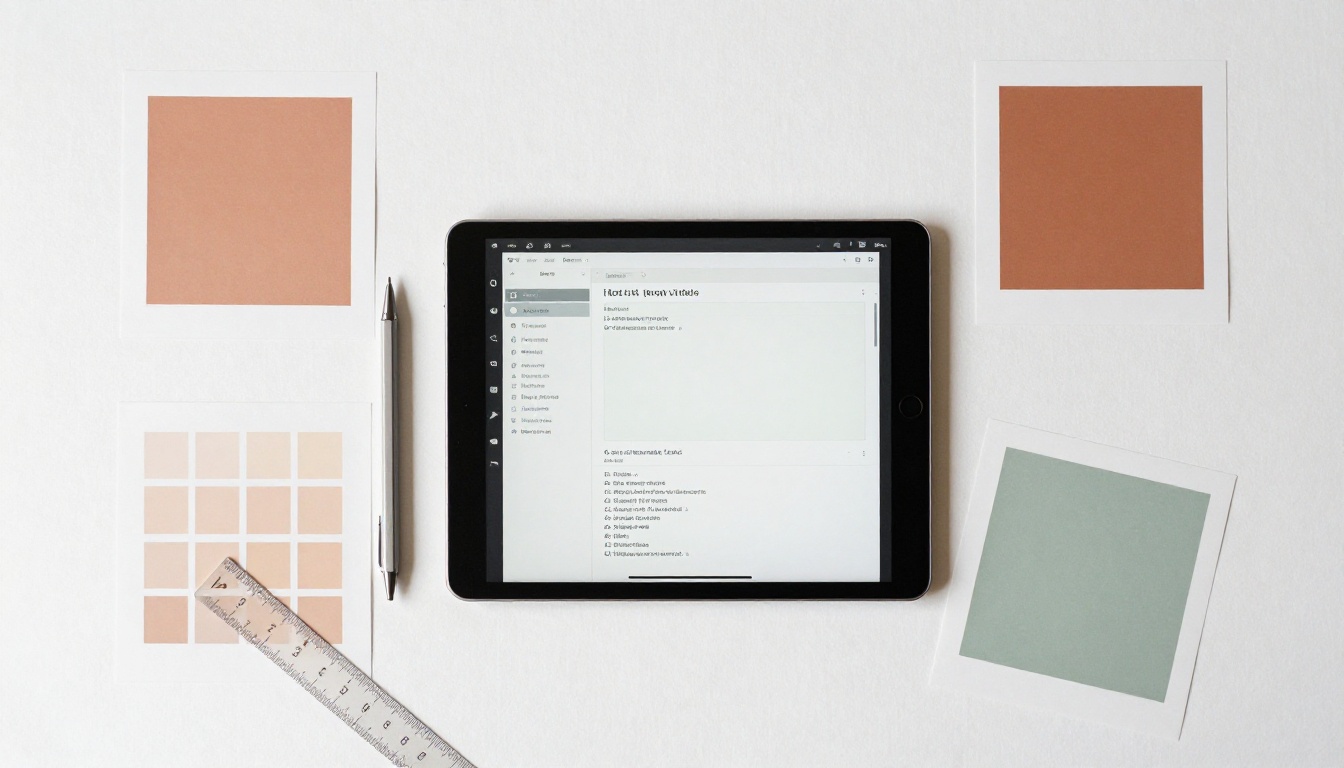 Aerial flat-lay overhead view of a minimalist workspace with an iPad Pro showing a clean digital document, surrounded by printed design samples, mechanical pencil, metal ruler, and terracotta color swatches on a white linen desk