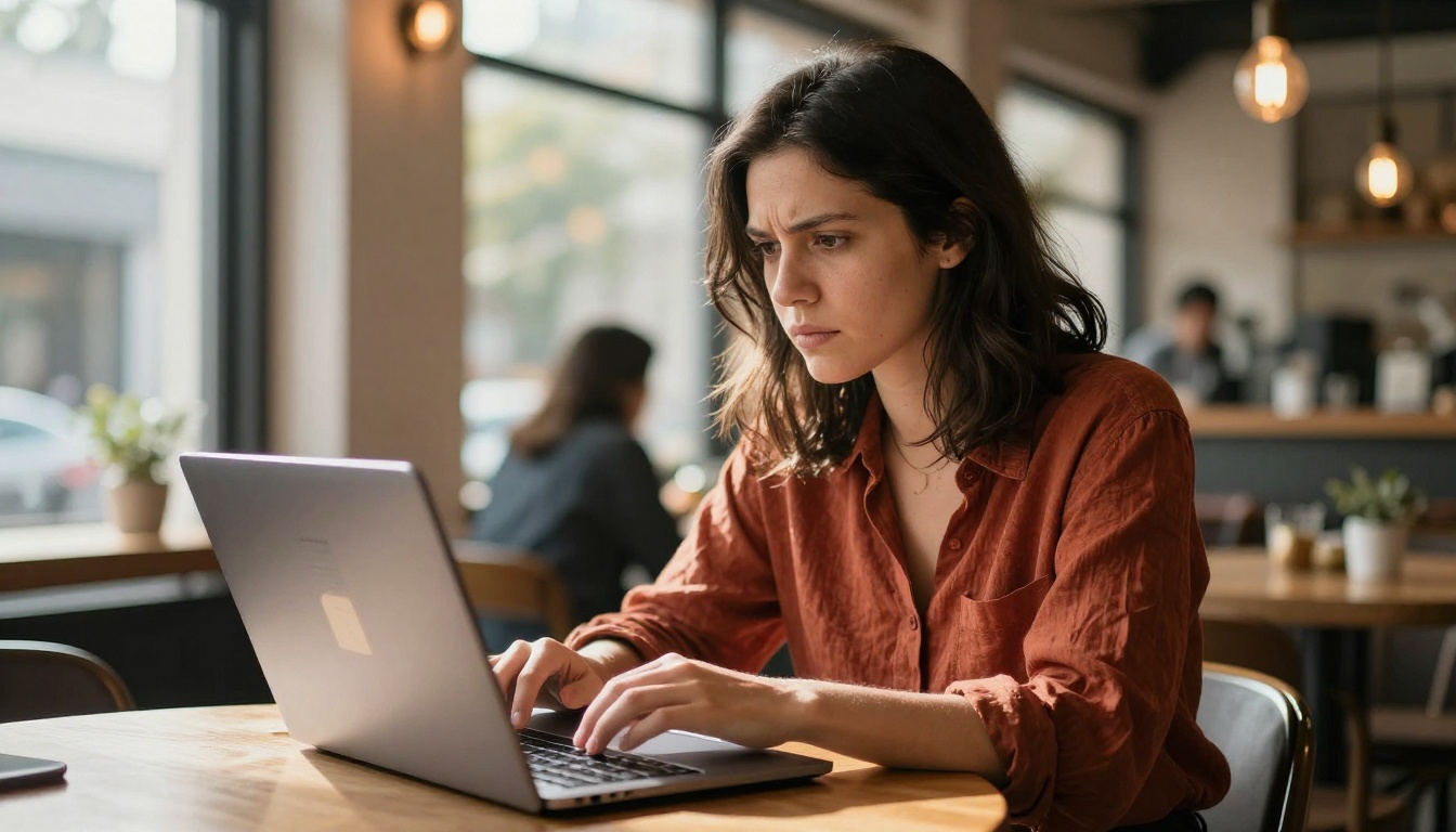 A freelance designer in a rust-colored linen shirt at a wooden cafe table reviewing a Notion-style document on her laptop, natural window light from the left, warm amber cafe bokeh in background, 35mm film grain
