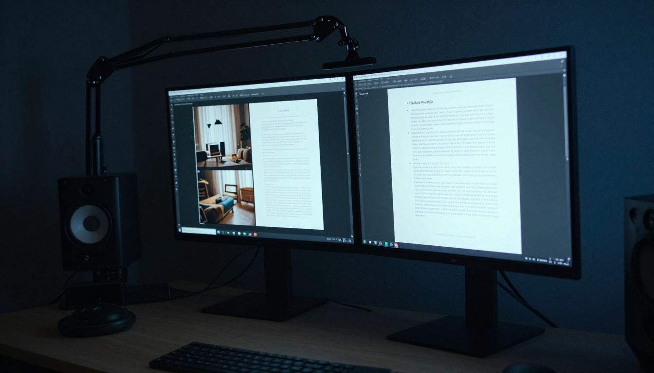 Low-angle shot looking upward at a large 27-inch studio monitor glowing in a dim creative studio, screen showing two document layouts side by side for comparison, blue-tinted fill light on nearby surfaces, 24mm wide-angle lens