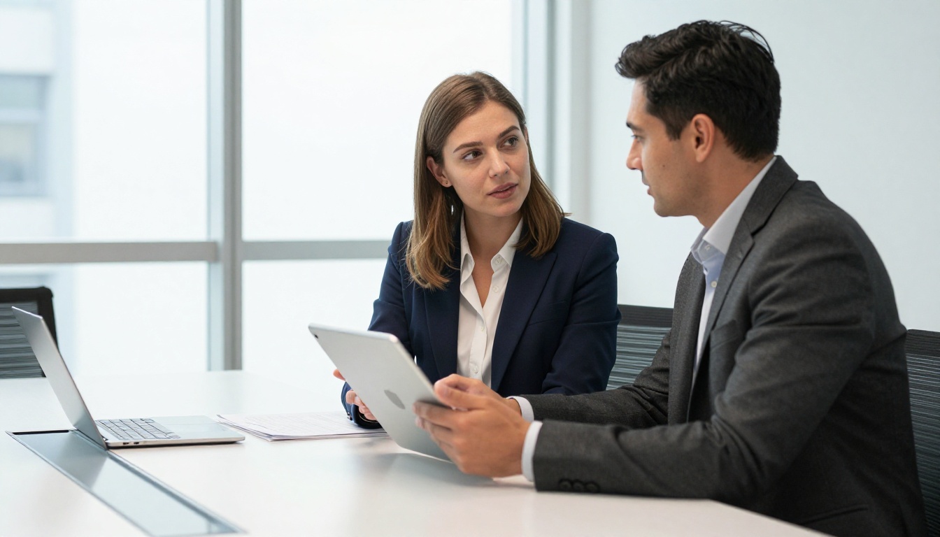 A woman in a navy blazer presenting her portfolio on an iPad to a male client in a charcoal suit across a glass conference table, both leaning forward in genuine engaged conversation, cool office daylight from large windows to the left