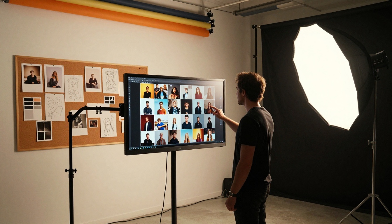 Wide interior shot of a professional photography studio with a creative director standing and reviewing portfolio thumbnails on a large desktop monitor, cork mood board wall covered in prints and swatches, professional octabox softbox light on a stand, black seamless backdrop partially visible, 28mm lens Wide interior shot of a professional photography studio with a creative director standing and reviewing portfolio thumbnails on a large desktop monitor, cork mood board wall covered in prints and swatches, professional octabox softbox light on a stand, black seamless backdrop partially visible, 28mm lens