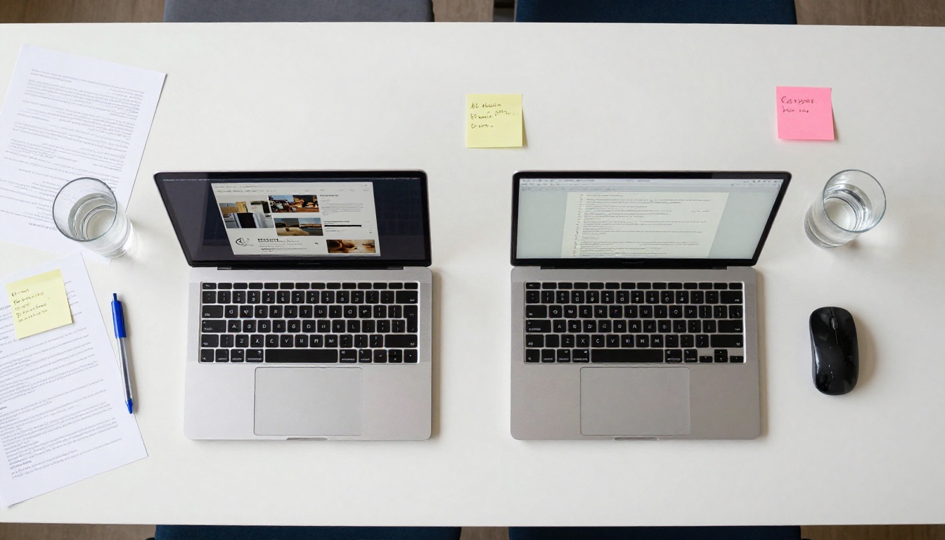 True overhead aerial view looking straight down at two slim laptops side by side on a bleached white oak conference table, left screen showing a visually rich portfolio layout with photographs, right screen showing a plain text document with bullet lists, Post-it notes and pens scattered around both, perfectly even diffused overhead light True overhead aerial view looking straight down at two slim laptops side by side on a bleached white oak conference table, left screen showing a visually rich portfolio layout with photographs, right screen showing a plain text document with bullet lists, Post-it notes and pens scattered around both, perfectly even diffused overhead light