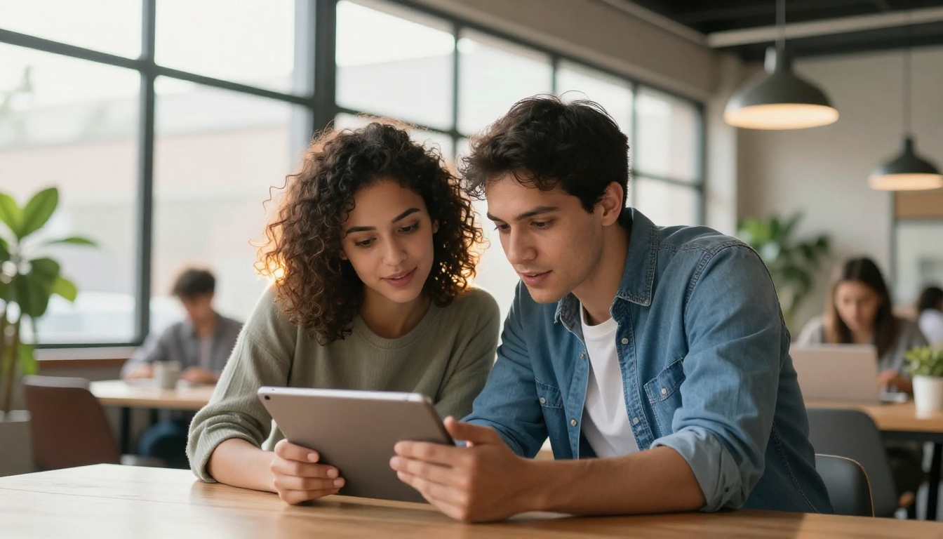 Two young professionals in a bright modern coworking space, woman with natural curly hair in sage green sweater and man in denim shirt leaning together enthusiastically over a tablet she is holding, warm morning backlight from industrial windows creating a soft halo, 85mm f/1.8 lens, realistic skin tones Two young professionals in a bright modern coworking space, woman with natural curly hair in sage green sweater and man in denim shirt leaning together enthusiastically over a tablet she is holding, warm morning backlight from industrial windows creating a soft halo, 85mm f/1.8 lens, realistic skin tones