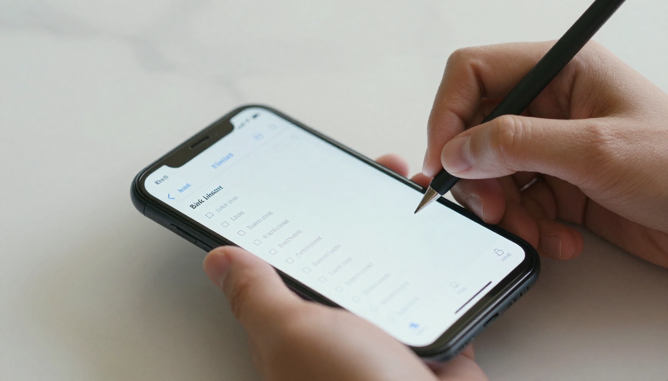 Hands scrolling through a basic link-list bio page on a smartphone resting on a marble surface