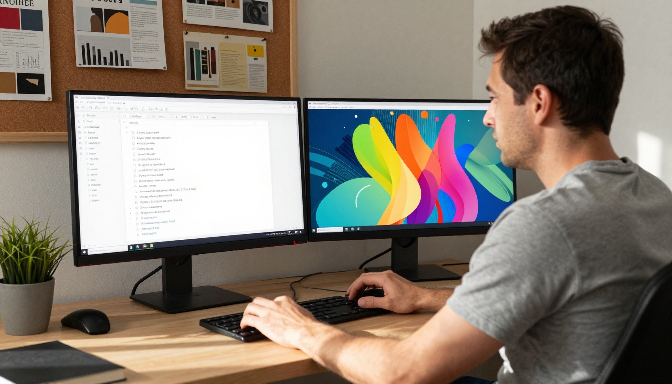 A creative professional looking with contrast between a plain link page and a rich interactive portfolio on dual monitors