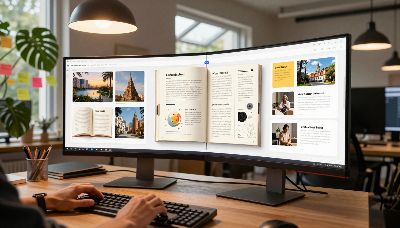 A graphic designer's workstation with a large curved monitor showing an interactive digital flipbook portfolio