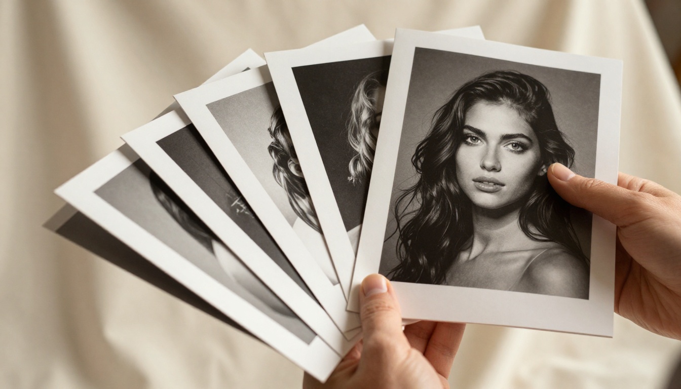 A woman's hand holding an open fine-art photography portfolio book with pages fanning open to reveal portraits