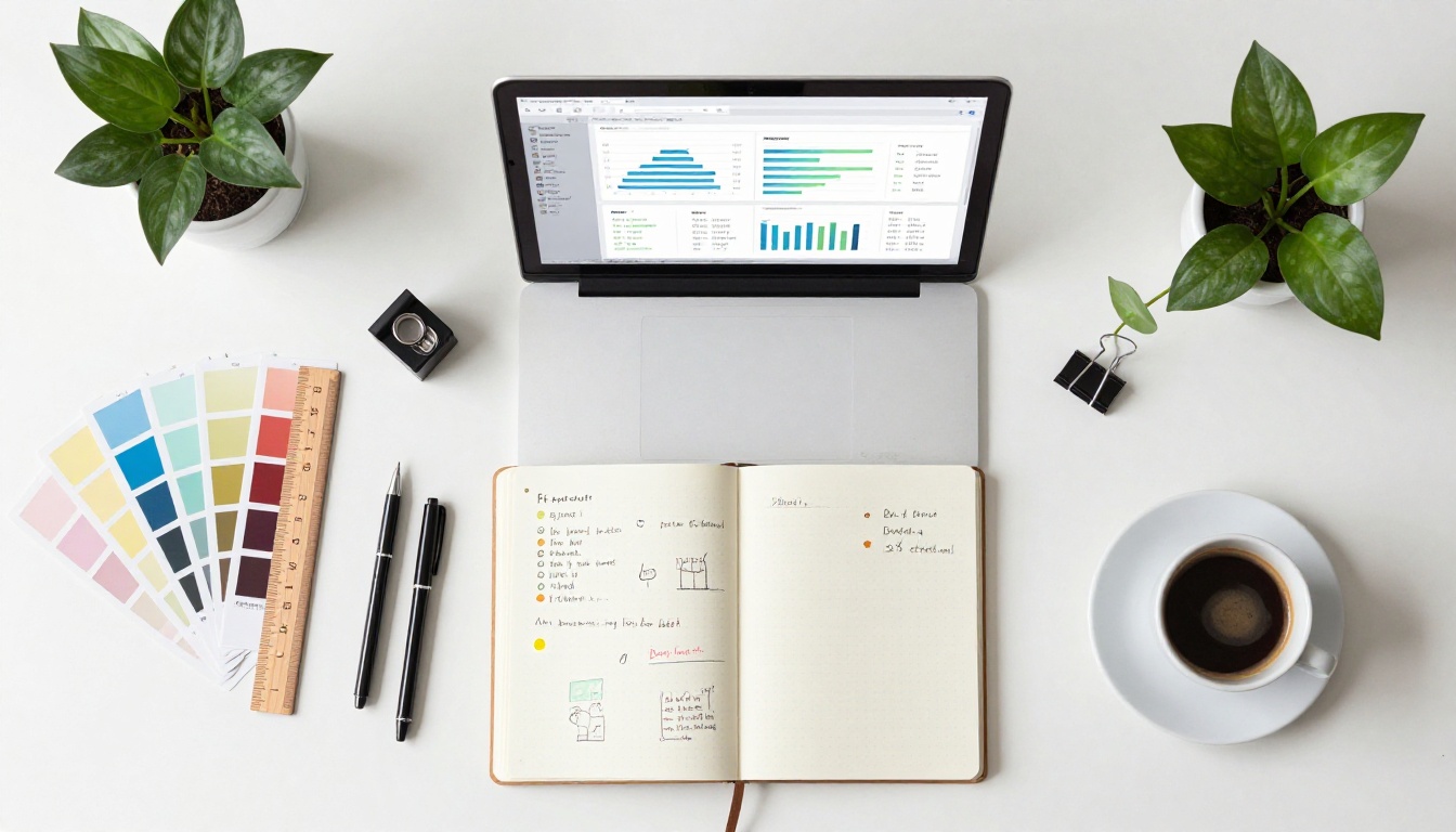 Overhead flat-lay of a creative workspace with analytics dashboard, Pantone swatches, notebook, and espresso on a white oak desk