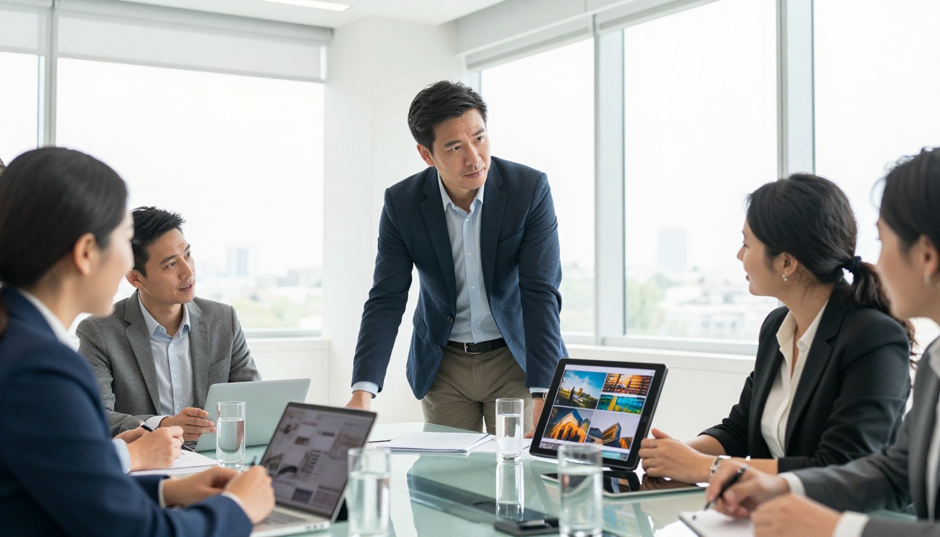 A professional portfolio review meeting in a bright conference room with a client impressed by a flipbook on a tablet A professional portfolio review meeting in a bright conference room with a client impressed by a flipbook on a tablet
