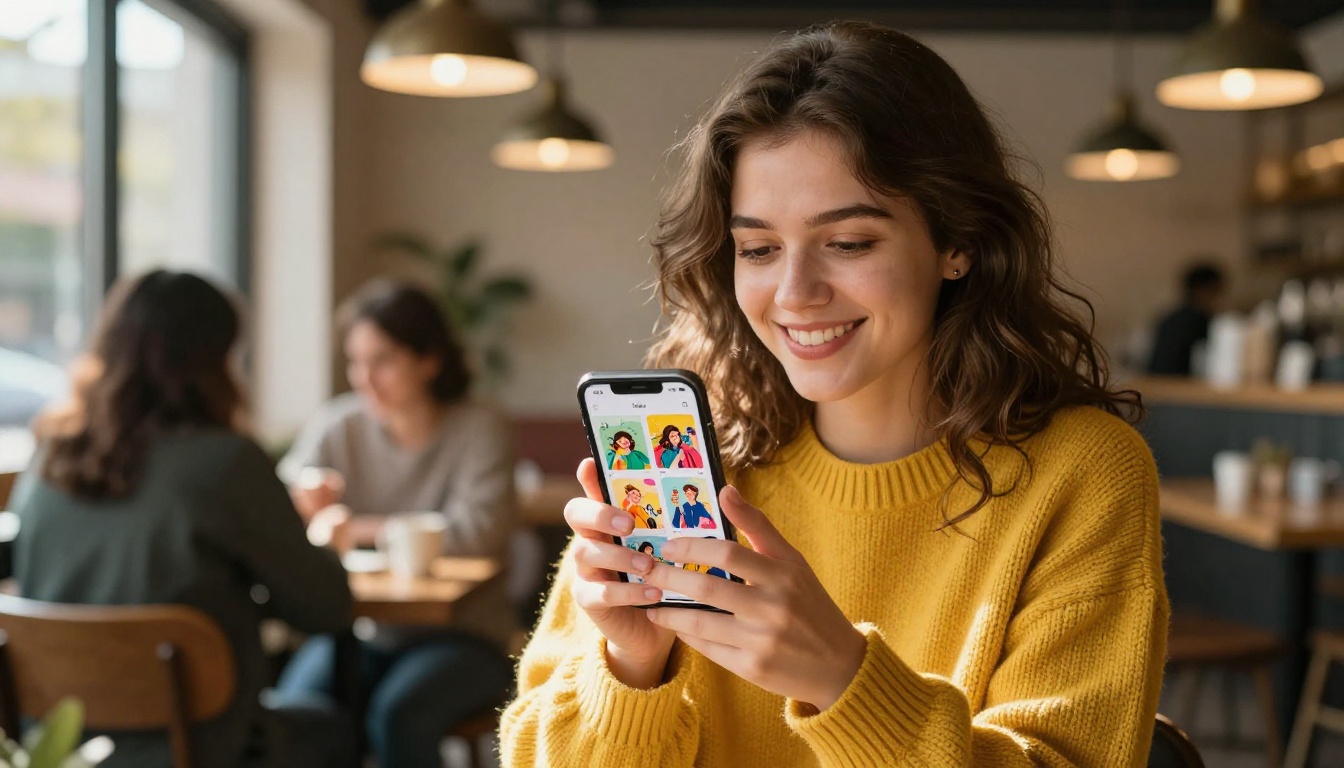 A young illustrator smiling at her phone showing a colorful illustration portfolio in flipbook format in a cozy café A young illustrator smiling at her phone showing a colorful illustration portfolio in flipbook format in a cozy café