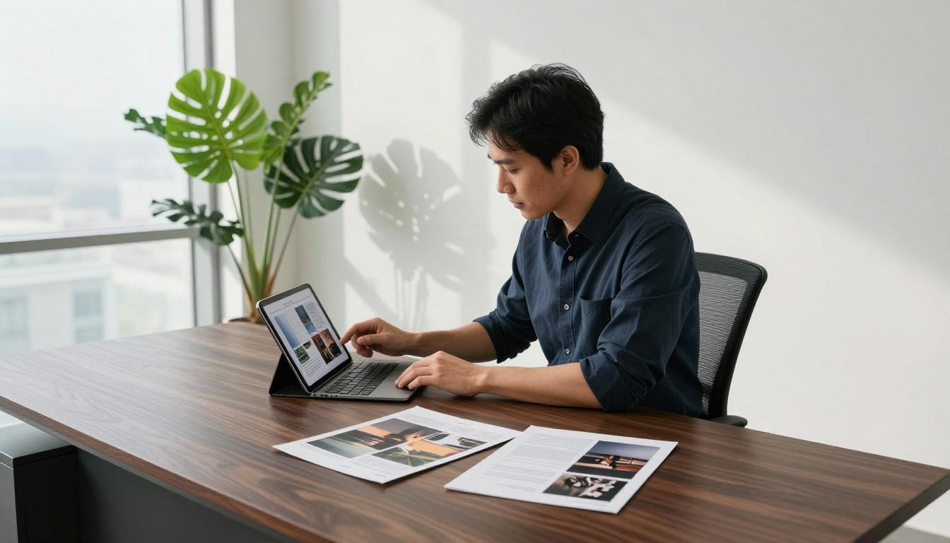 A creative director reviewing portfolio submissions on a tablet at a large executive desk with floor-to-ceiling windows A creative director reviewing portfolio submissions on a tablet at a large executive desk with floor-to-ceiling windows