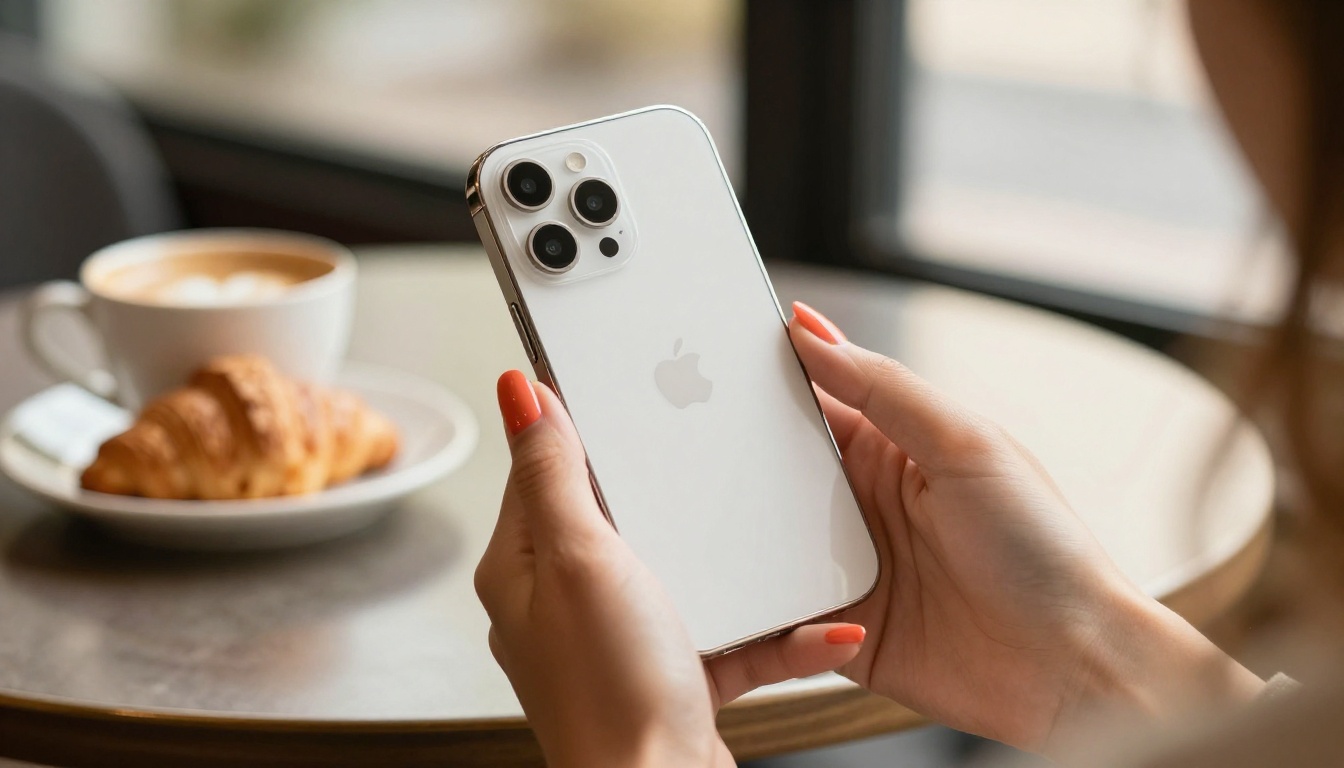 Hands holding iPhone showing Instagram carousel product launch content at a sunlit cafe Hands holding iPhone showing Instagram carousel product launch content at a sunlit cafe